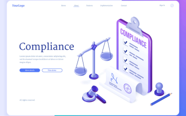 Ilustração conceitual em estilo isométrico representando o conceito de "Compliance". No centro da imagem, destaca-se uma balança simbólica da justiça, equilibrada, em tons de azul e roxo. À direita, há um grande prancheta vertical com a palavra "COMPLIANCE" em letras maiúsculas, seguida por uma lista de itens marcados com tique azul, indicando tarefas ou exigências cumpridas. À frente, sobre a superfície branca, encontram-se um carimbo cilíndrico, uma pena com tinta, um documento assinado com um selo, e um martelo de juiz — todos elementos associados à legalidade e conformidade normativa. No canto inferior direito, há também um lápis azul. À esquerda da imagem, está o título "Compliance" em destaque, com um pequeno parágrafo explicativo abaixo e dois botões: “More details” e “View demo”. O design geral é limpo, com cores suaves em azul, roxo e branco, transmitindo profissionalismo e seriedade.