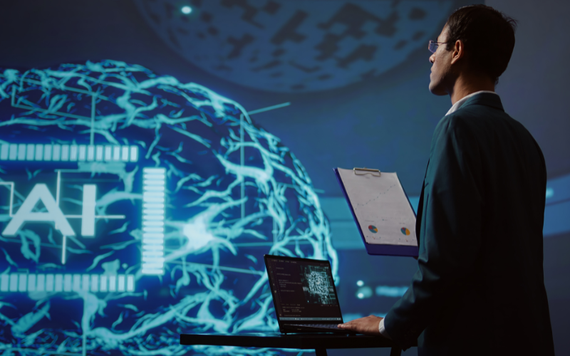 Imagem ilustrativa de análise de compliance com I.A.: funcionário de startup analisando gráficos de negócios e utilizando software de inteligência artificial para tomar decisões baseadas em dados na indústria de tecnologia. Especialista de TI desenvolvendo soluções inovadoras de inteligência artificial para a empresa, câmera B.